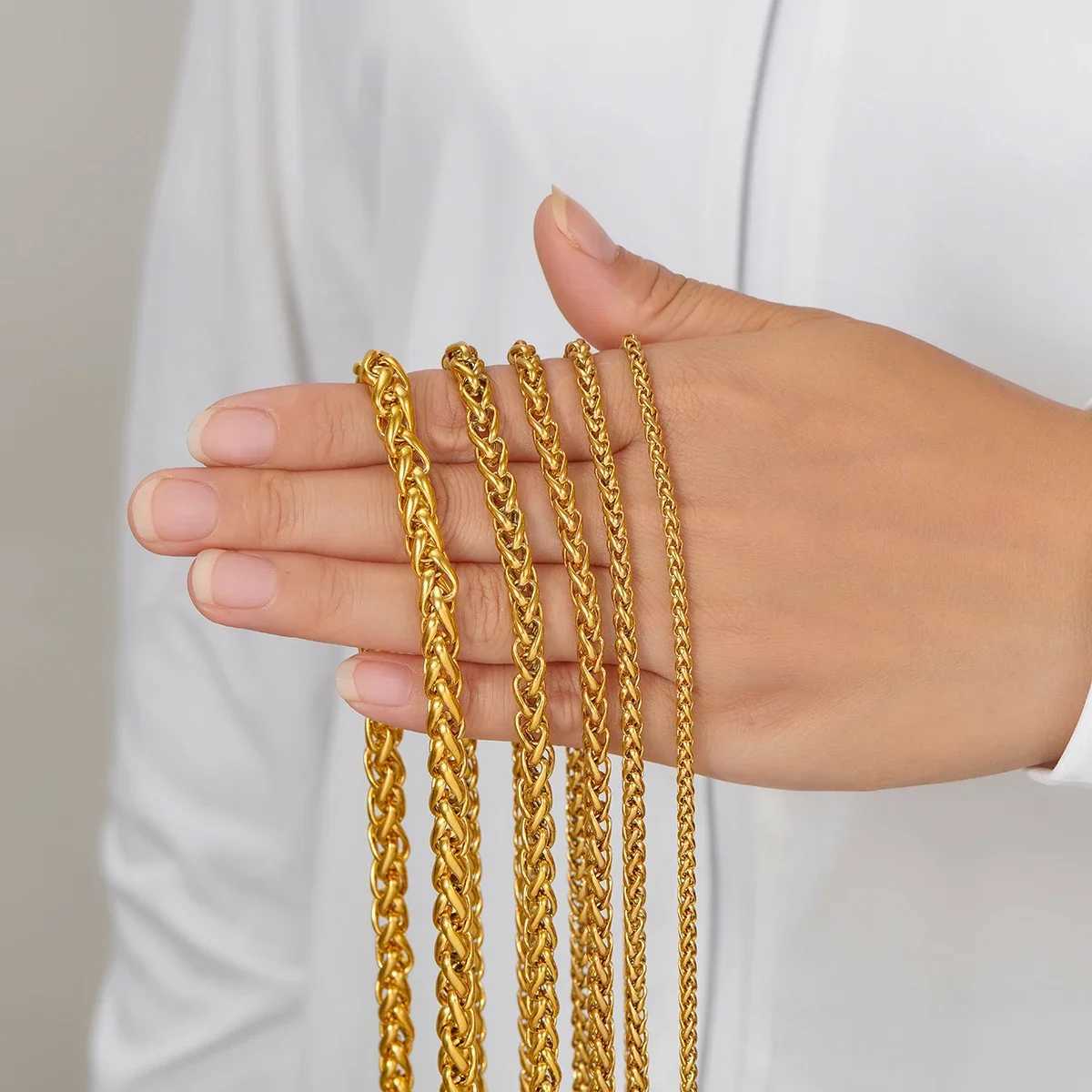 HIYEE Thickness 3/4/5/6/7/8mm Gold Color Wheat Braided Stainless Steel Necklace Link Classic Curb Chain for Men Women JewelryX241122