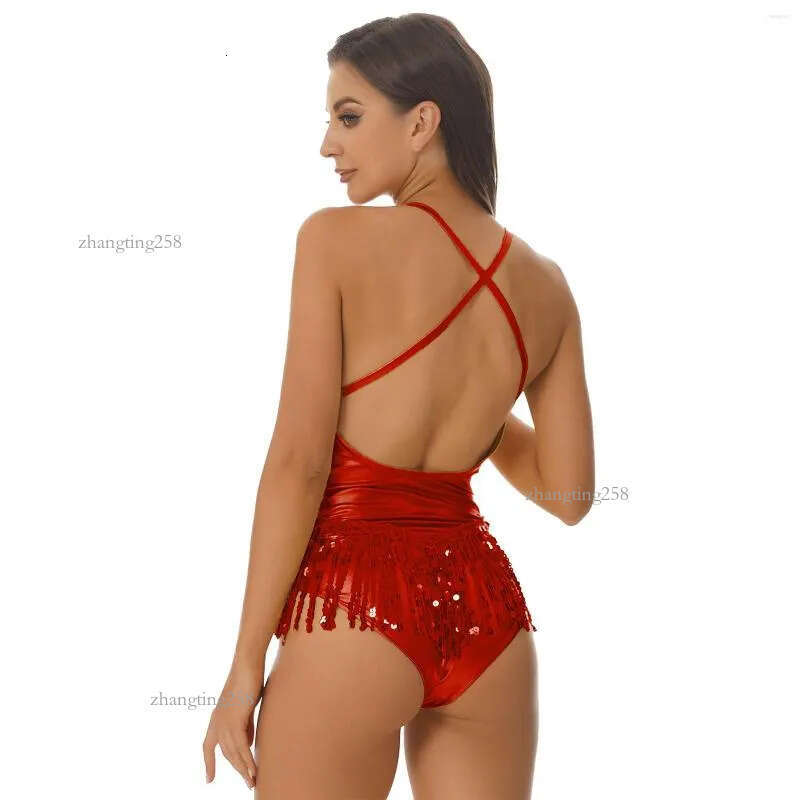 Stage Wear Womens Sparkly Tassel Bodysuit Sequins Gymnastics Ballet Dance Leotard Fringed Jumpsuits Latin Jazz Performance Costume
