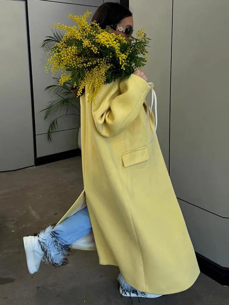 Fashionable yellow wool womens long coat loose lapel long sleeved one button solid coat autumn and winter elegant streetwear 241122