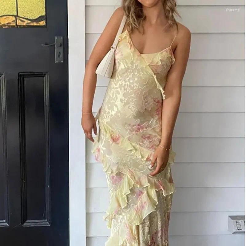 V-Neck Casual Dresses Ruffle Patchwork Loungewear Dress Women Summer Sleeveless Sexy Elegant Maxi Backless Beach Style L