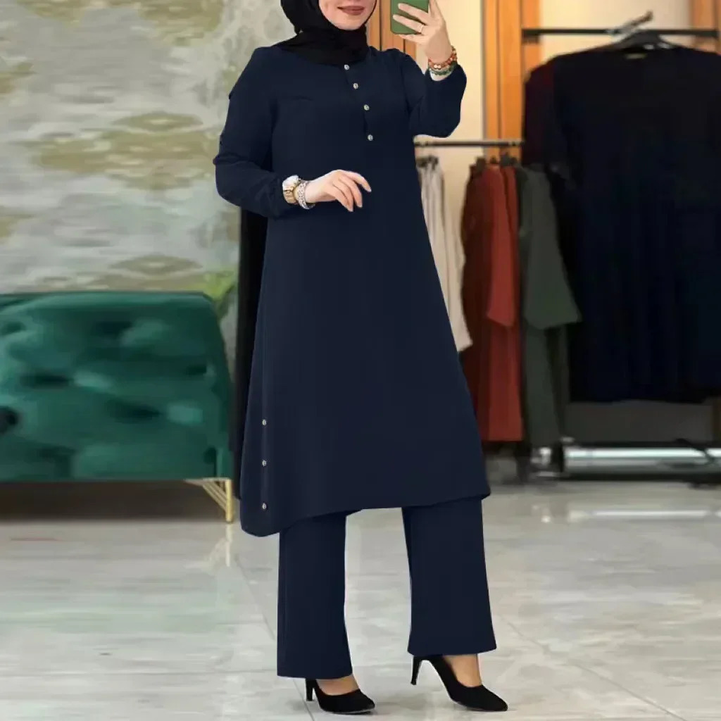 Muslim Abaya Suit Elegant Women Matching Sets Fashion Long Shirt Tops Wide Leg Pants Ramadan Outfits Urban Tracksuits 241122