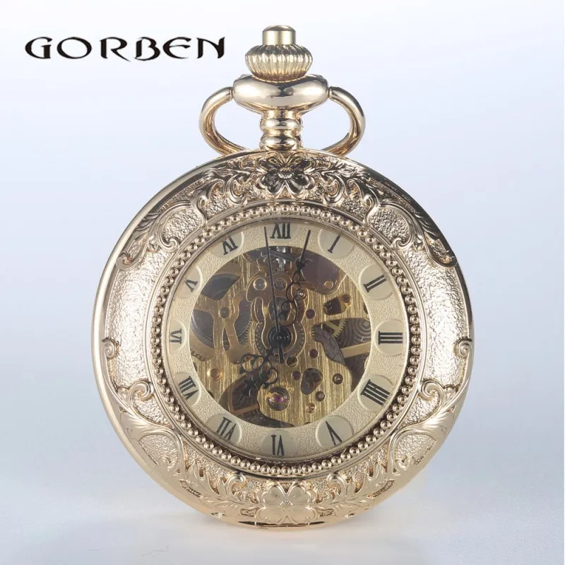 Gold Steampunk Pocket FOB Watch Chain Carving Double sided Open Case Handwind Mechanical Pocket Watch Relogio De Bolso 241122