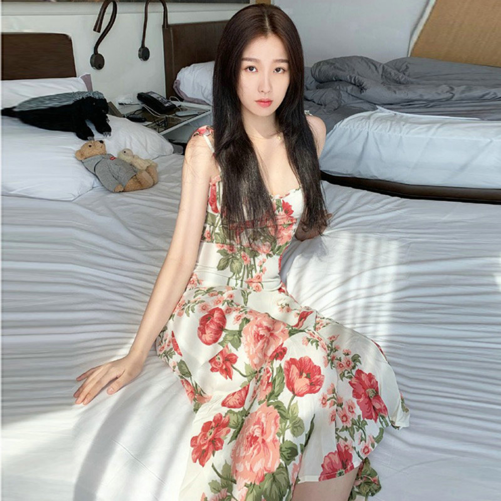0C605M31 Casual Dresses Basic SarAh Printing Summer Women's Suspender Mid Length Dress Real Silk