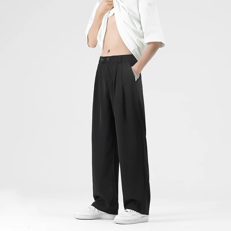 Summer Men Pants Pleated Stretch Waist Casual Baggy Long Trousers Black Beige Fashion Oversize Fabric Drape Suit Pant 240422