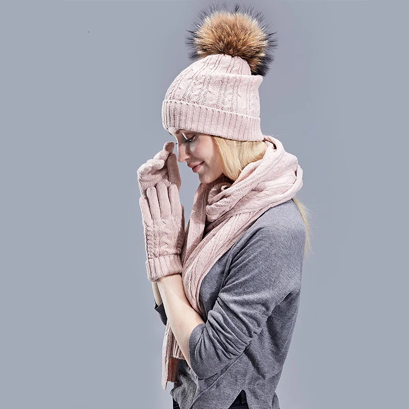 Real Fur Pompom Winter Knitted Hats For Women Hat Scarf Glove Set 3 Piece Sets Twist stripes Cap Gorros Bonnet Beanie Skullies 241122