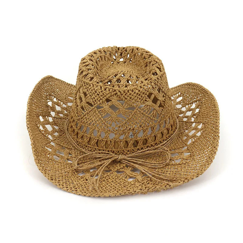 Fashion Hollowed Handmade Cowboy Straw Hat Women Men Summer Outdoor Travel Beach Hats Unisex Solid Western Sunshade Cap 2023 240415