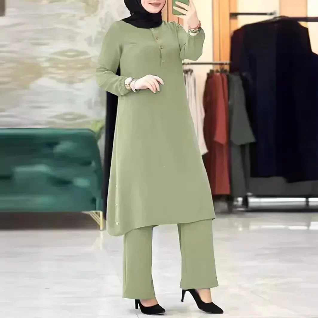 Muslim Abaya Suit Elegant Women Matching Sets Fashion Long Shirt Tops Wide Leg Pants Ramadan Outfits Urban Tracksuits 241122