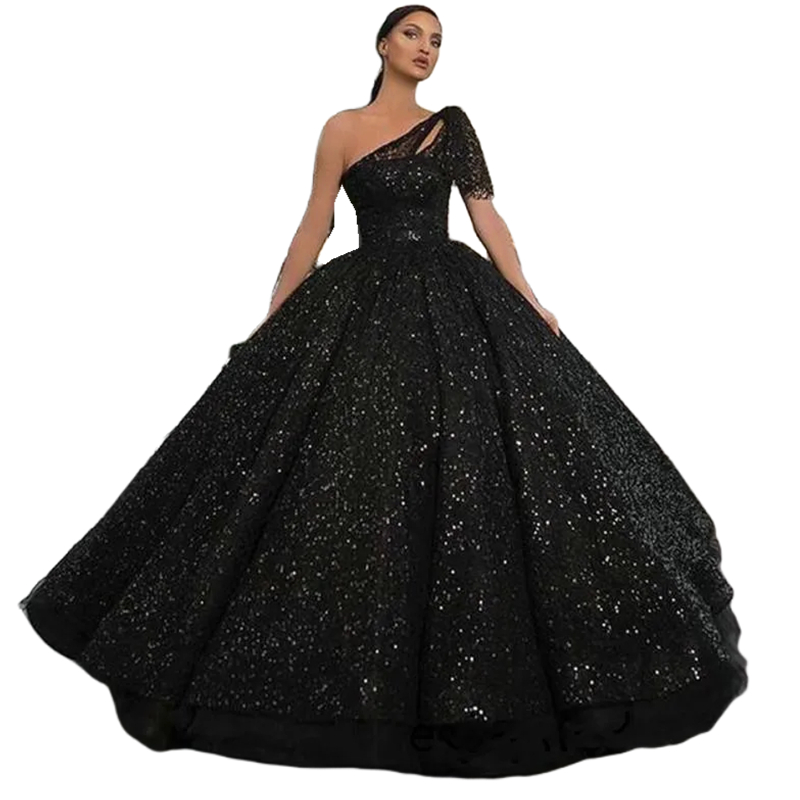 Sparkly Black Sequined Quinceanera Dresses One Shoulder Charro Prom Ball Gown Floor Length Sweet 16 Dress Vestido De 15 VX Anos Long Speccial Occasion