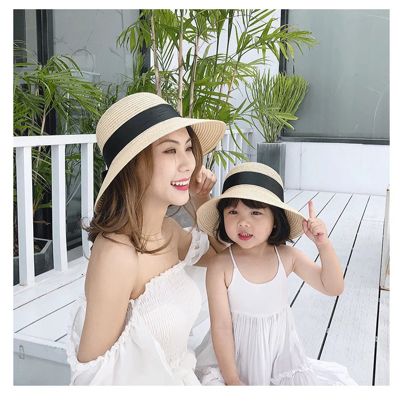 Summer Straw Hats for Beach Mom and Daughter Sun Panama Simple Bow Kid Girl Lady Sunshade Bohemia Vocation Cap 240415