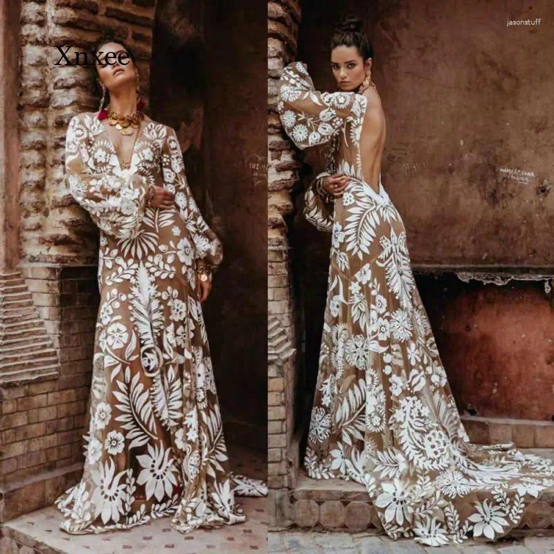 Casual Dresses Sexy Robe Vintage Boho Lace Backless Wedding Maxi Dress Open Back Long Lantern Sleeve Beach Bridal Gowns Outfit