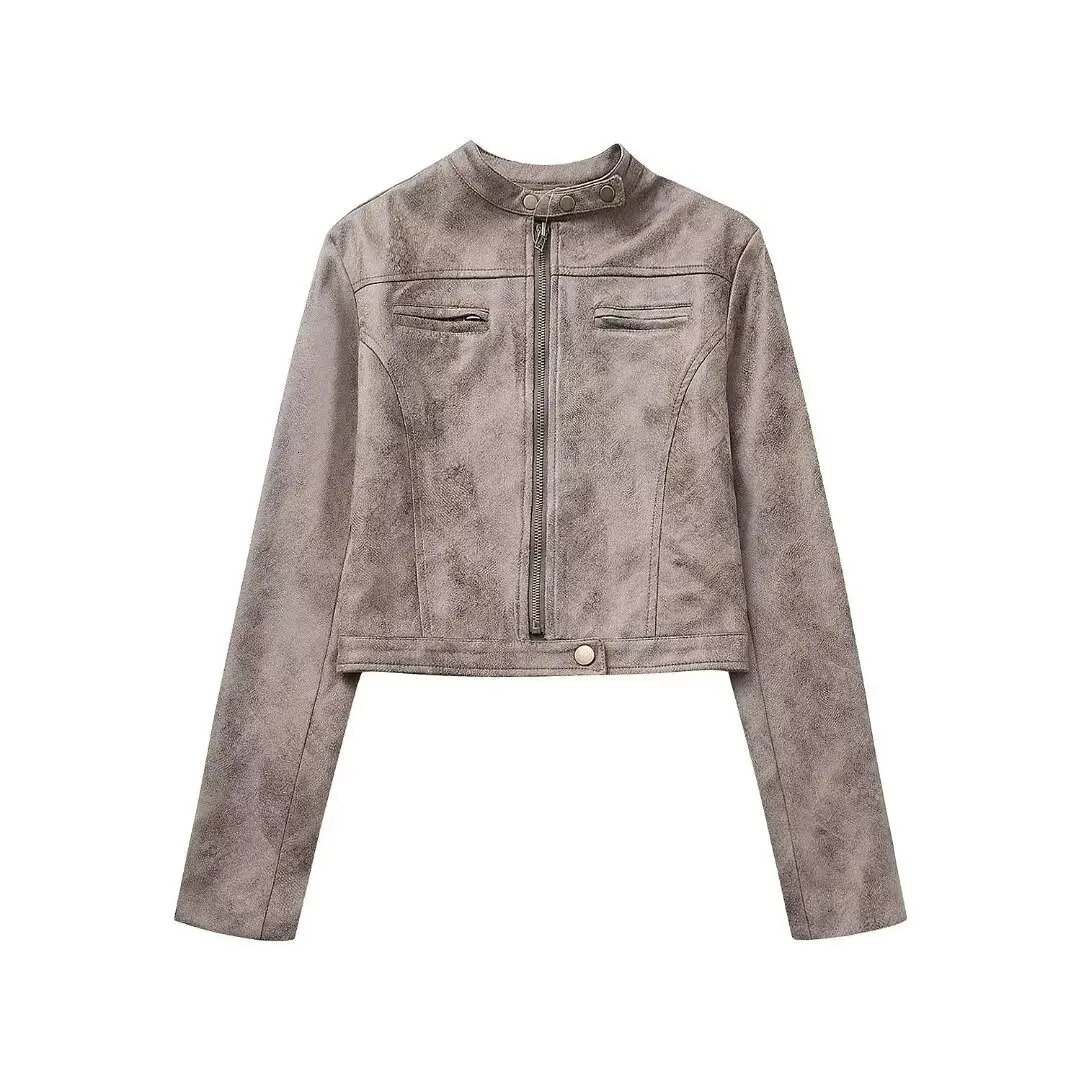 American girl blogger same style stand collar leather jacket women autumn short leather coat 241122