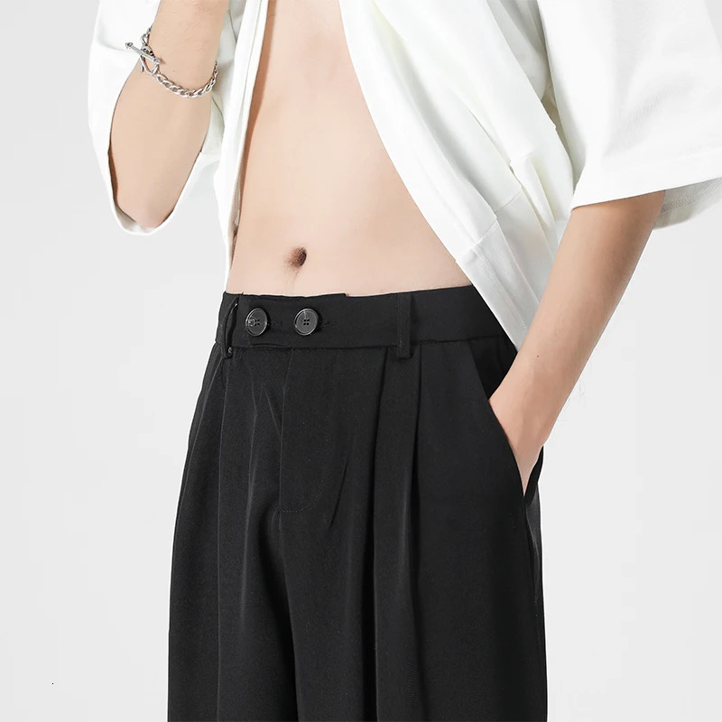 Summer Men Pants Pleated Stretch Waist Casual Baggy Long Trousers Black Beige Fashion Oversize Fabric Drape Suit Pant 240422