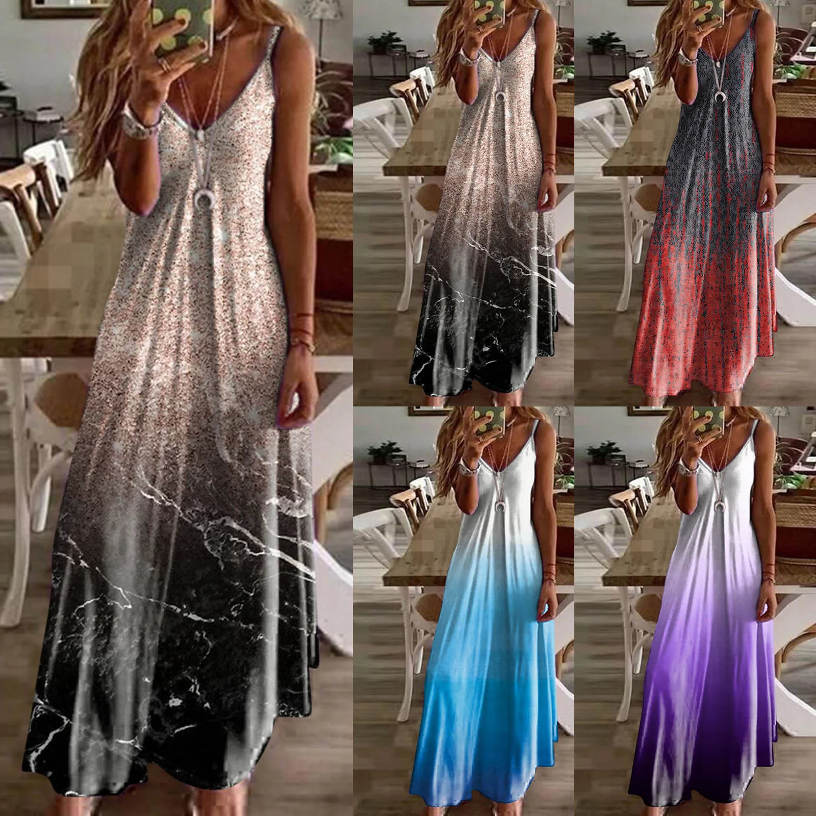 Boho Maxi Dresses For Women Summer 2024 Pringting Sleeveless Sundress Casual V Neck Beach Bohemian Ladies Long Vestidos 240418