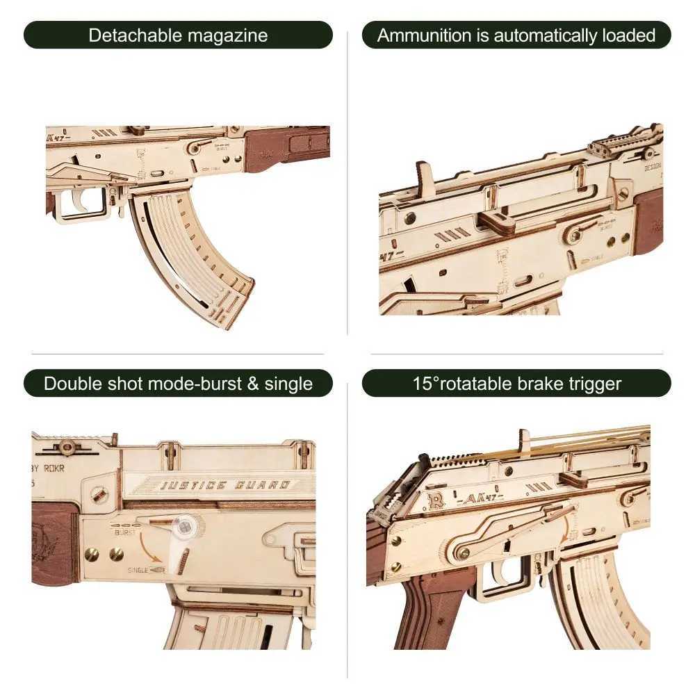 Robotime Rokr Automatic Rifle AK47 3D Wooden Gun Fun DIY Building Blocks Toy Children Adult Justice Guardian Wooden Puzzle LQ901 X241122