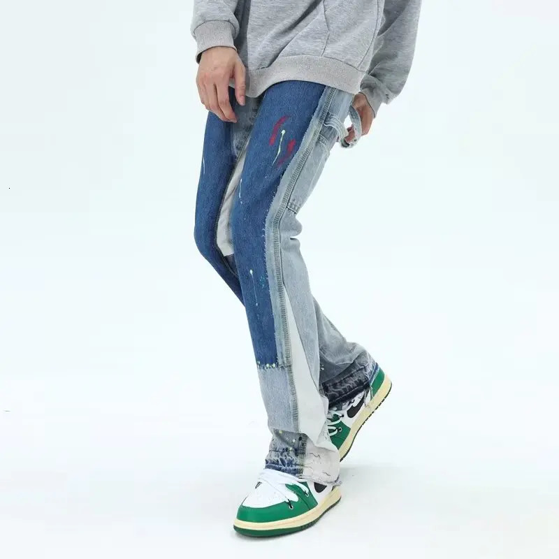 2024 Painting Patch Baggy Stacked Jeans Y2K Flare Cargo Pants For Men Clothing Washed Blue Denim Trousers PantAlon Homme 240420
