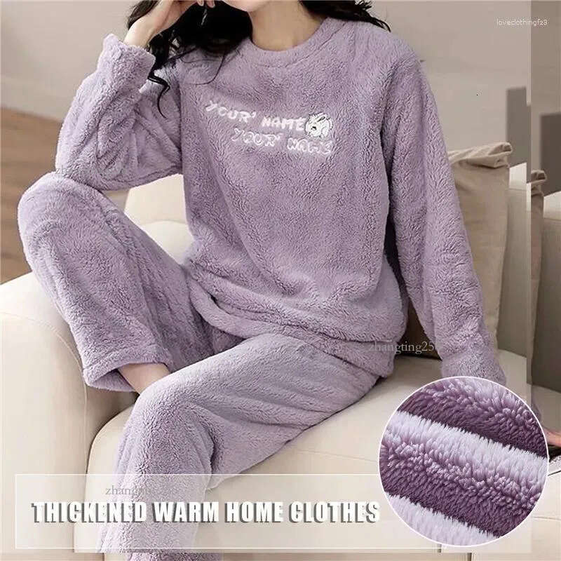Women's Sleepwear Flannel Pajamas Sets Casual Autumn Winter Velvet Pyjama Ladies Cartoon Pijama Mujer 2 Piece Pjs Warm Homewear