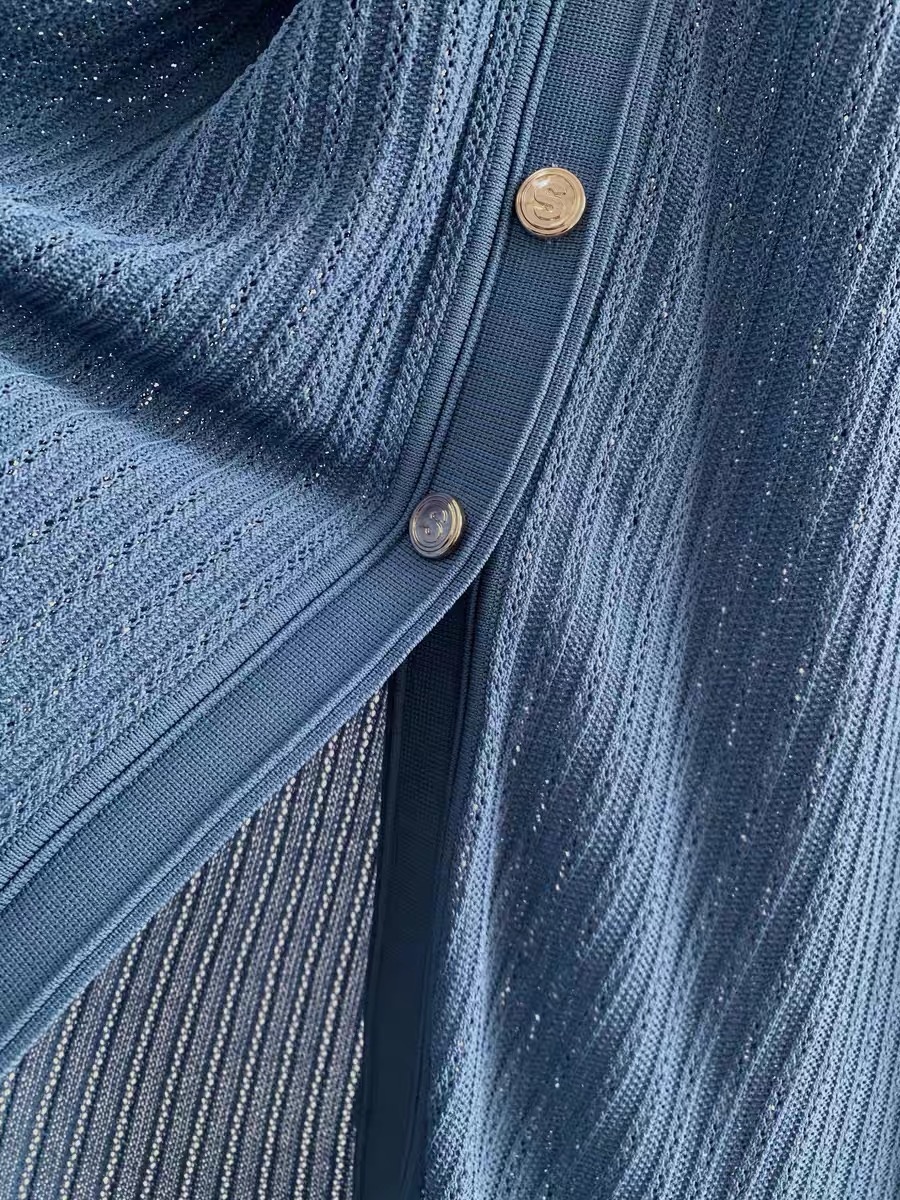 2024 Summer Sandr o Classic French style peacock blue V-neck knitted dress with slim fit and fishtail length