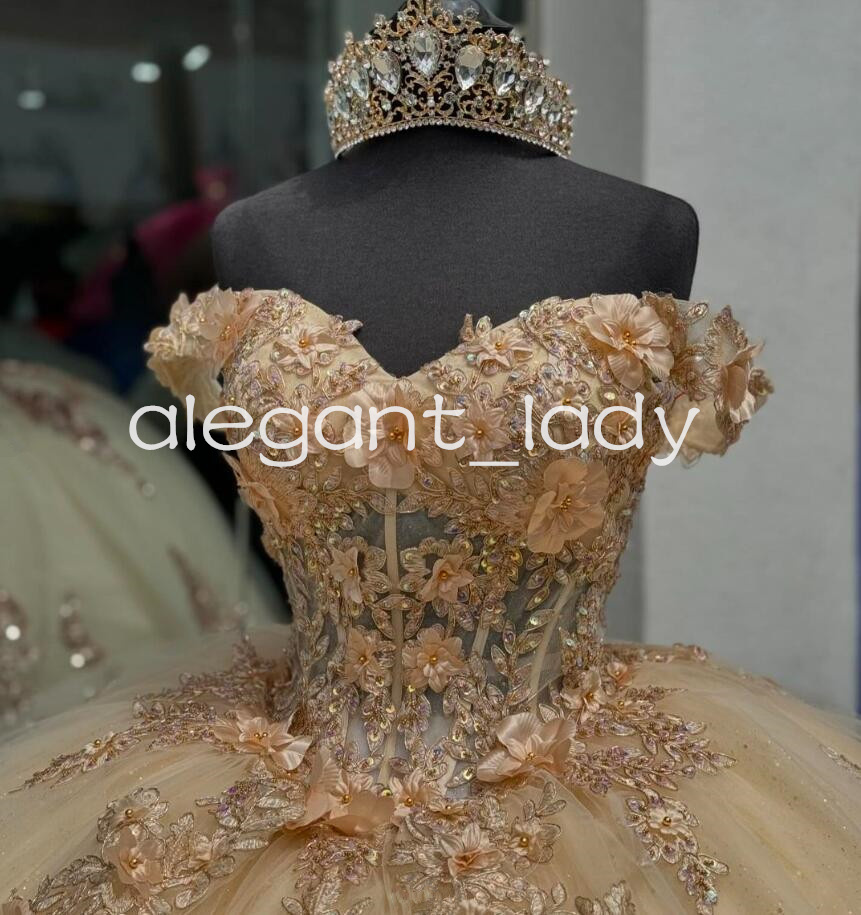 Champagne Luxury Princess Quinceanera Dresses 2024 Off Shoulder 3D Floral Applique Corset Lace-up vestido de 15 anos sweet 16
