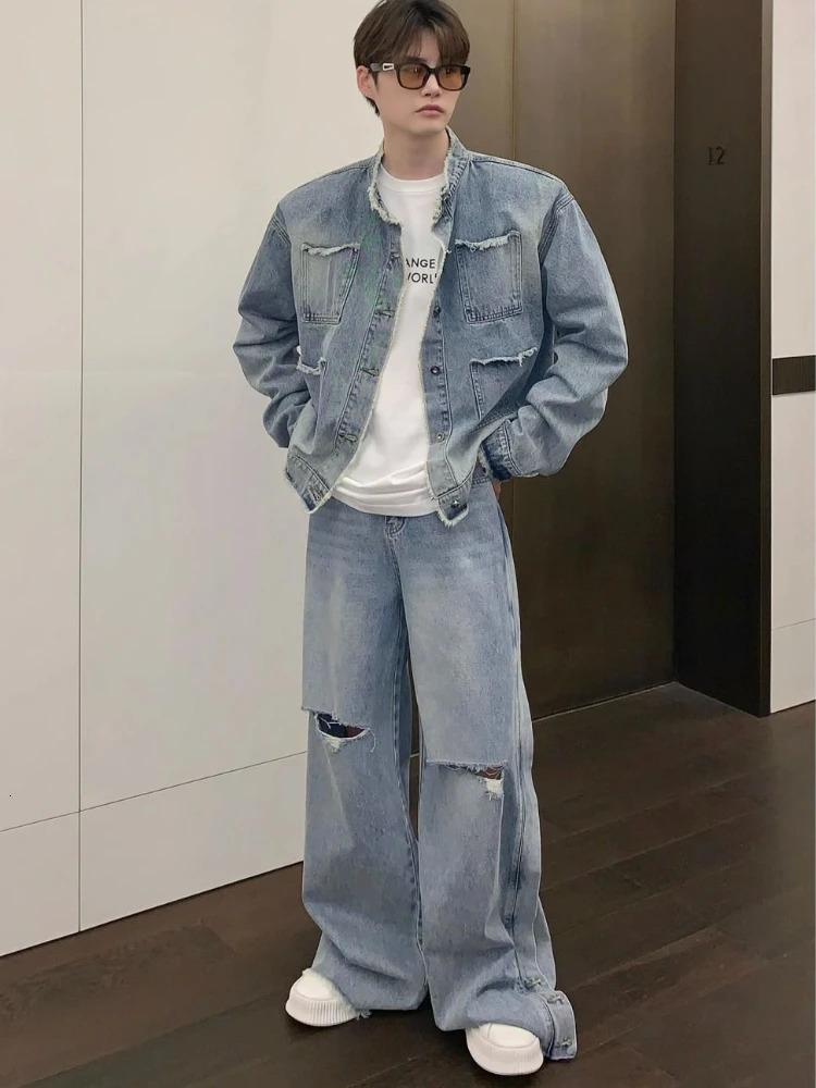 Autumn Denim Set Men Denim Jacket Wide Leg Straight Jeans Casual Loose Solid Color Korean Style Street Stand Collar 2pcs Suit 240412