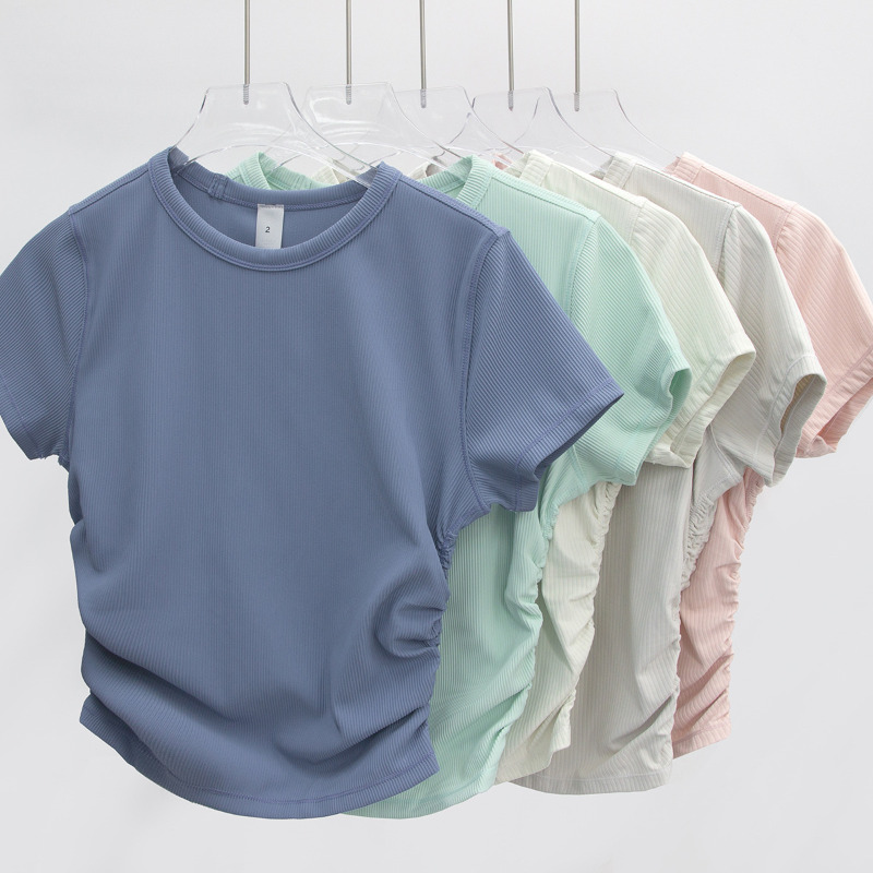 LL Yoga Short-Sleeve Shirt Tie-Waist Breathable Rib Crewneck Cropped T-Shirt Women Running Vest Laidback Summer High Elasticity Soft and Lightweight Tee SweatTops