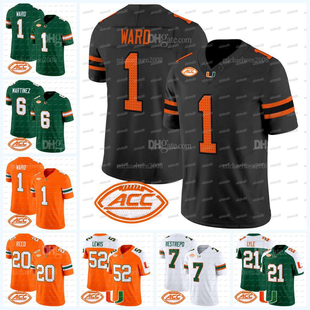 Miamis Hurricane Football Jersey NCAA College Cam Ward Damien Martinez Xavier Restrepo Mark Fletcher Jr. Sean Taylor Harris Arroyo Reed Horton Irvin Mauigoa