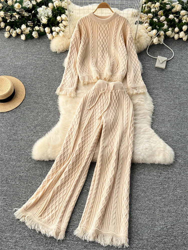 SINGREINY Vintage Tassel Knitting Two Pieces Suits Women O Neck Loose SweaterDrawstring Long Pants French Style 2pcs Sets 241121