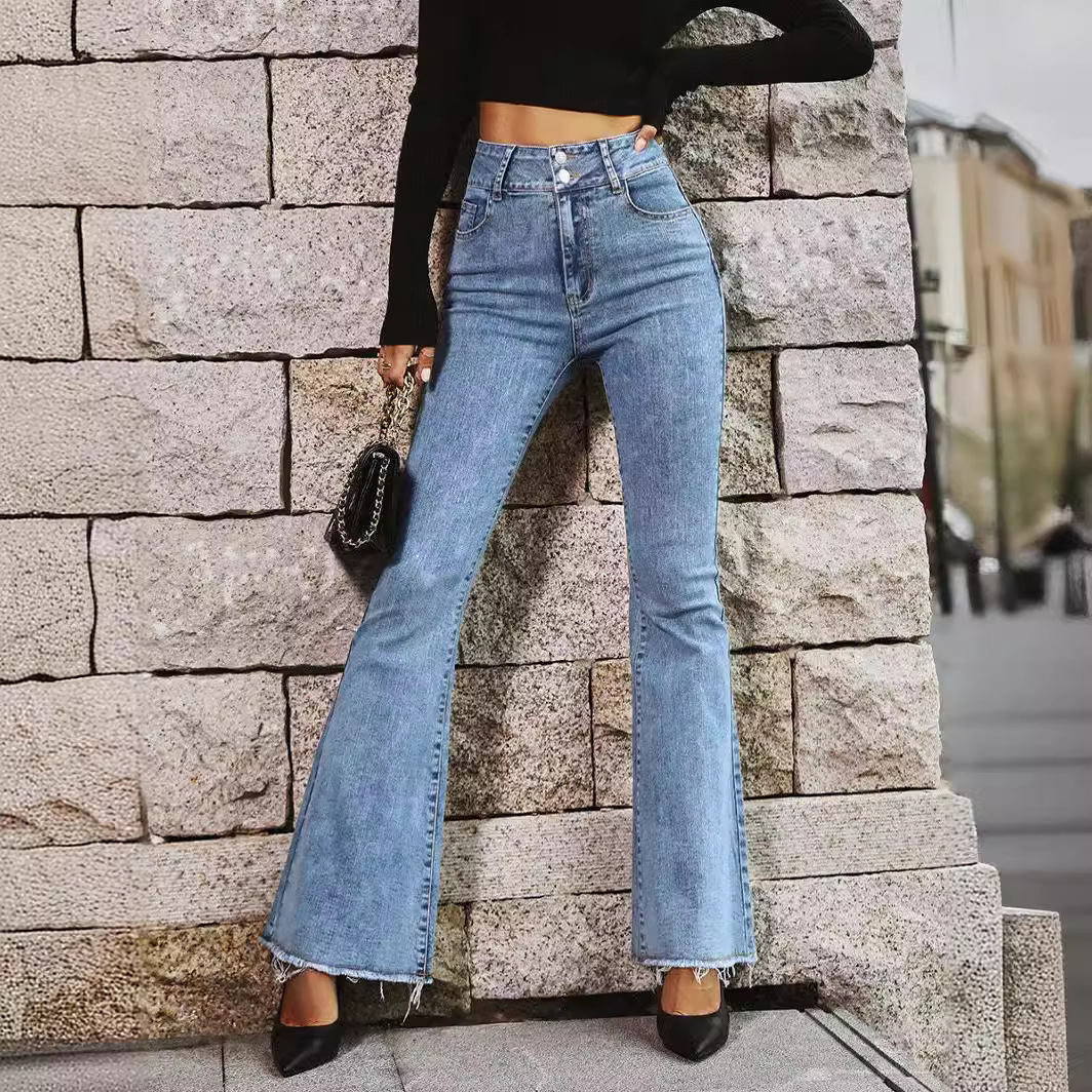 jeans womens Jeans Denim Pants Women Ripped Vintage Middle Waist Straight Wide Leg Pants Jeans Long Pants Work Double button belly shaping Summer Blue