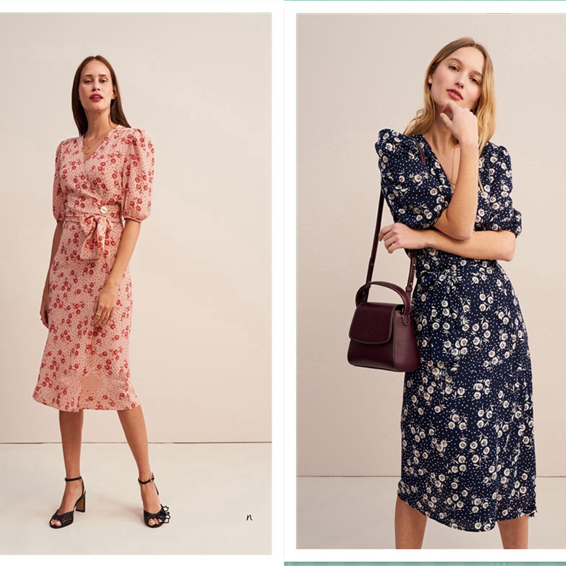 0C624M72 Women's Short Sleeved Dress Basic Casual Dresses Wavelet Dot Wrapped Skirt Silk Crepe Edition Wrapped V-neck