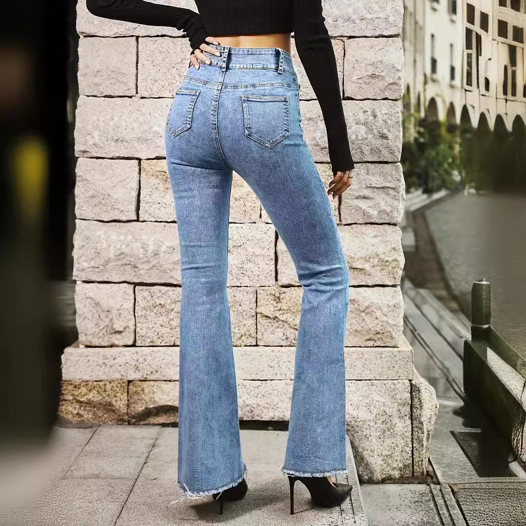 jeans womens Jeans Denim Pants Women Ripped Vintage Middle Waist Straight Wide Leg Pants Jeans Long Pants Work Double button belly shaping Summer Blue