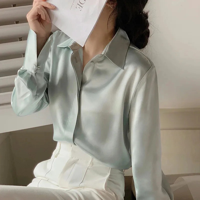 Womens Satin Blouse Long Sleeve French Fashion Solid Color Shirts Office Lady Clothes Elegant Woman Korean Ladies Wear 241121