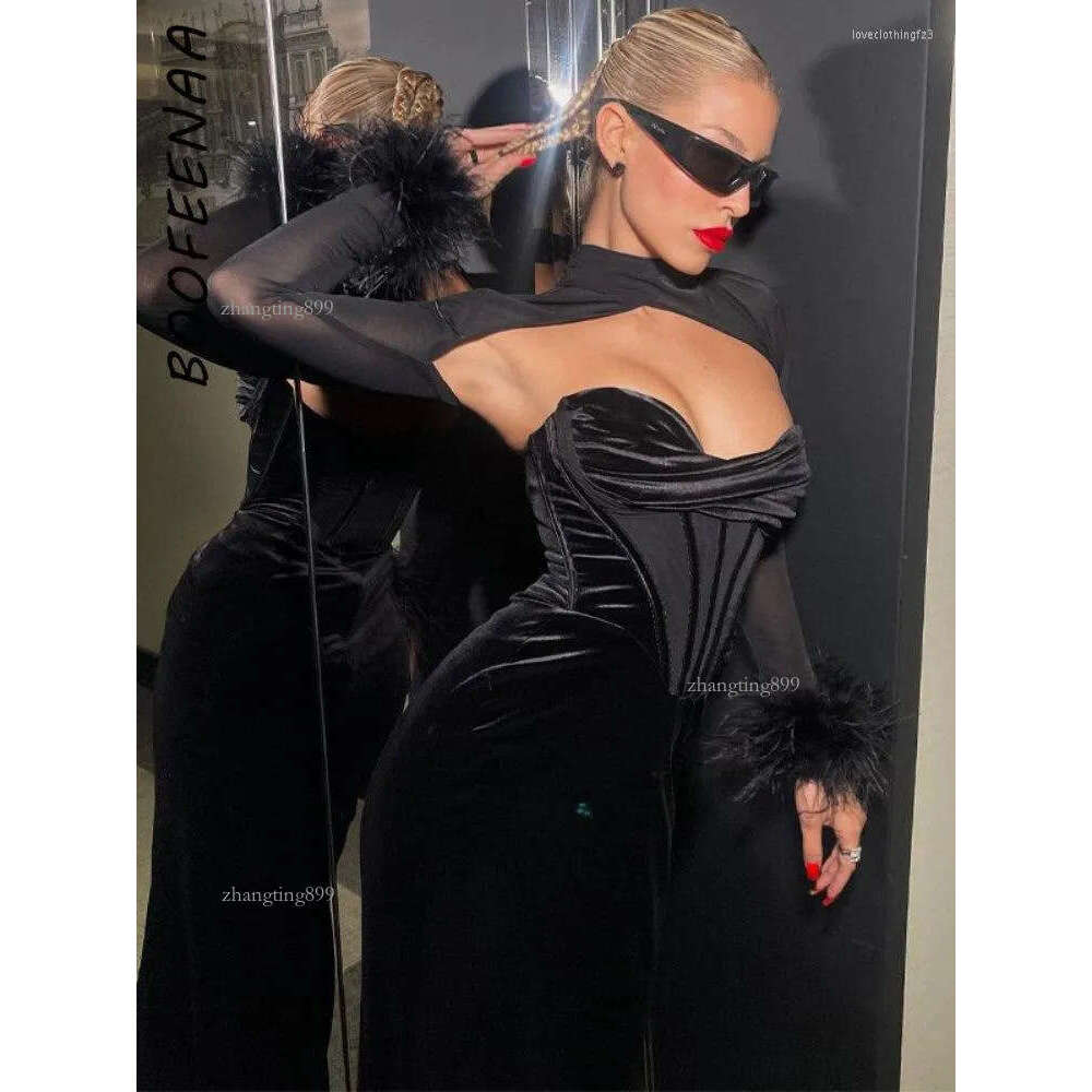 Casual Dresses Evening Party Velvet Black Corset Dress With Feathers Mesh Long Sleeve Bodycon Maxi Arrivals 2023 C16-DZ30