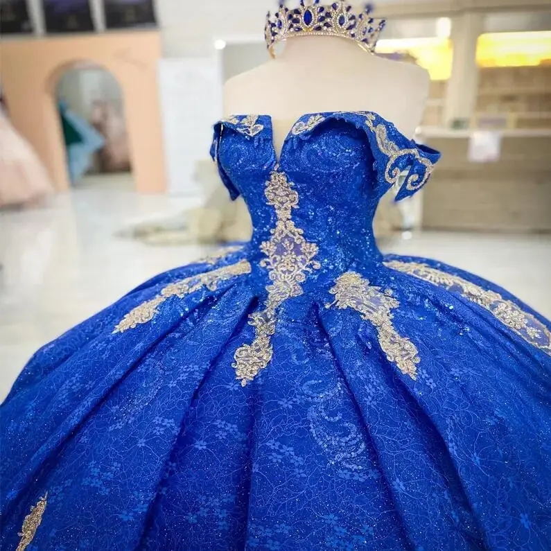 Royal Blue Princess Quinceanera Dresses Gold Lace Applique Off The Shoulder Charro Vestido De 15 Anos 2024 Sweet 16 Prom Gowns 0431