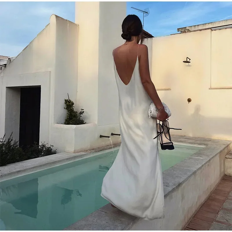 Basic Casual Dresses Sexy Backless Women Solid Satin Sing Maxi Dress Fashion V-neck Sleeveless Split Slim Dresses Summer Lady Casual Vacation Robes
