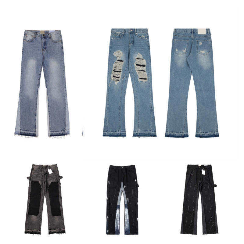 Mens Designers Flared Jeans Hip Hop Spliced Flared Jeans Distressed Ripped Slim Fit Denim Trousers Mans Streetwear Washed Pants Size S-XL 666888