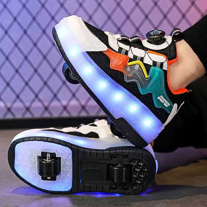 Athletic Outdoor Boys sneakers rotating button light roller skating pulleys shoes elementary childrens shoes Kids walking LED light shoes Girls H24112