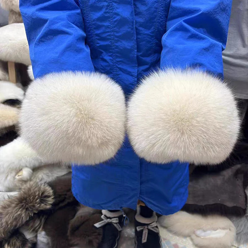 Real fur cuffs wrist warmth black real fox fur wristband womens bracelet jacket sleeve decoration real fur cuffs jacket accessories 241122