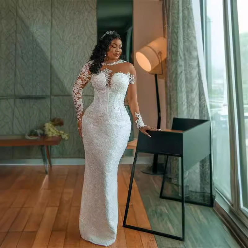 Mermaid African Wedding Dress With Detachable Train O Neck Long Illusion Sleeves Lace Appliques Bride Gown Vestidos De Novia Custom Made