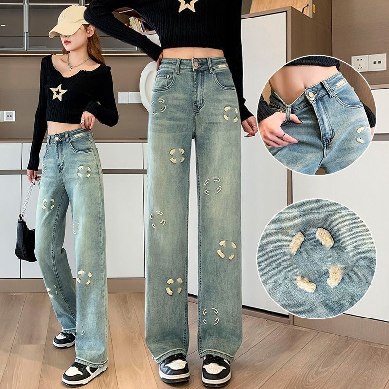 Women high waist terry cloth embroidery logo denim jeans designer long pants SMLXLXXL