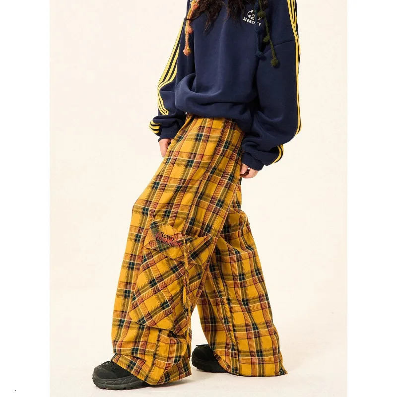 American Red Retro Checkered Korean Style Casual Pants for Women Trendy Y2k Autumn Large Pocket Straight Leg Wide Z260314