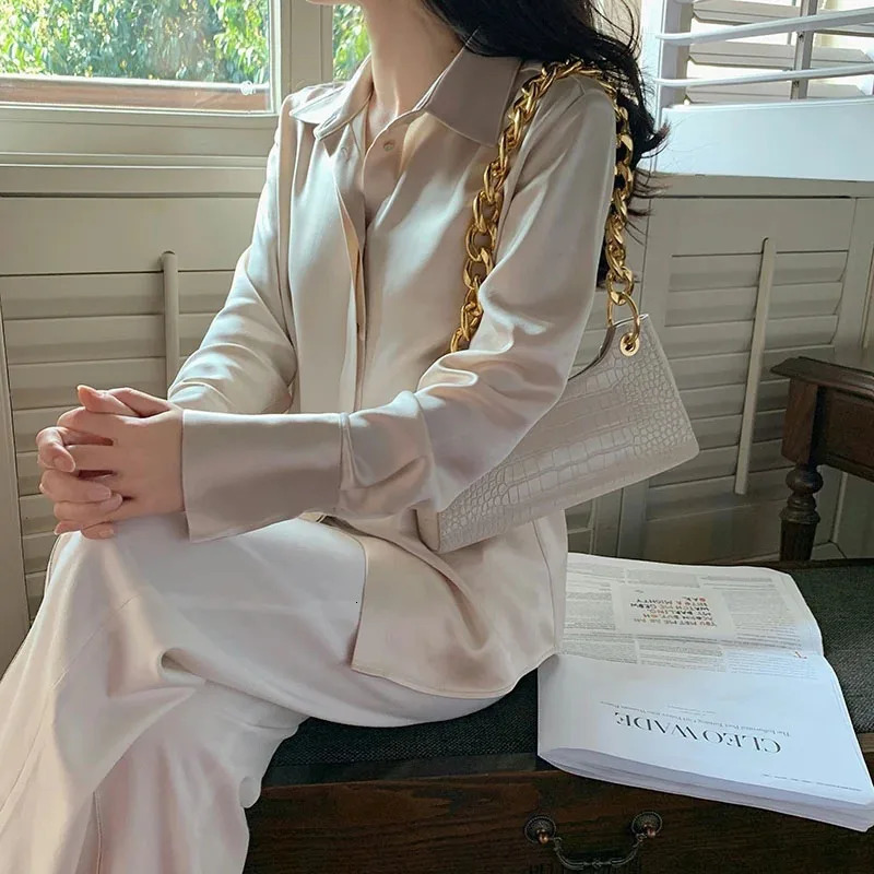 Womens Satin Blouse Long Sleeve French Fashion Solid Color Shirts Office Lady Clothes Elegant Woman Korean Ladies Wear 241121
