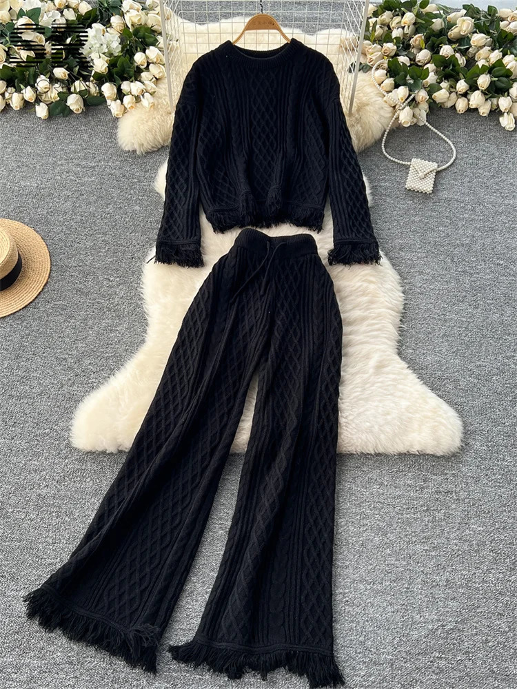 SINGREINY Vintage Tassel Knitting Two Pieces Suits Women O Neck Loose SweaterDrawstring Long Pants French Style 2pcs Sets 241121