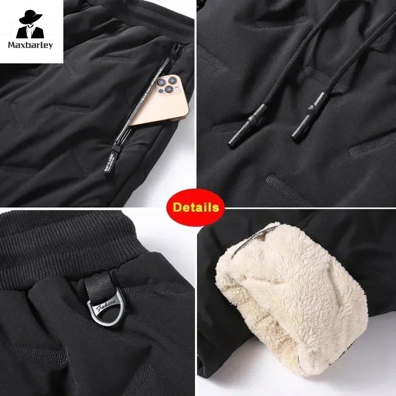 Winter Zip Pockets Thicken Fleece Sweatpants Men Joggers Black Grey Down Cotton Warm Pants Male Water Proof Thermal Trousers 7XL y241120