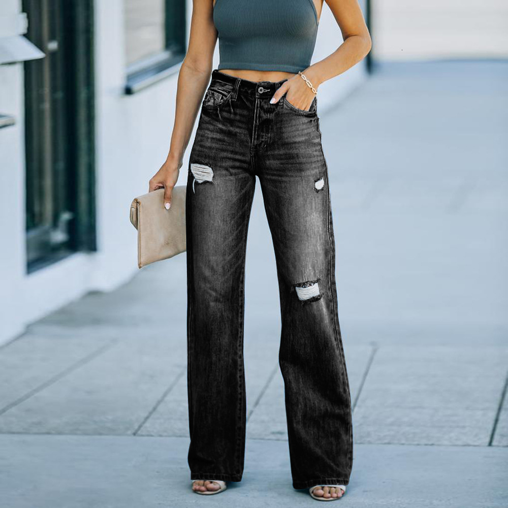 Designer women's fashion washed, ripped holes, slimming, wide leg jeans, denim pants