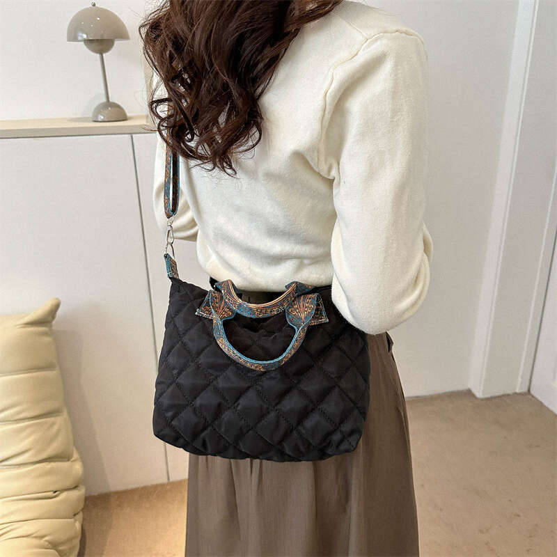 Women Wide Belt Handbag Fall/Winter Rhombus Space Cotton Shoulder Large Capacity All-Match Shopping Tote Bag