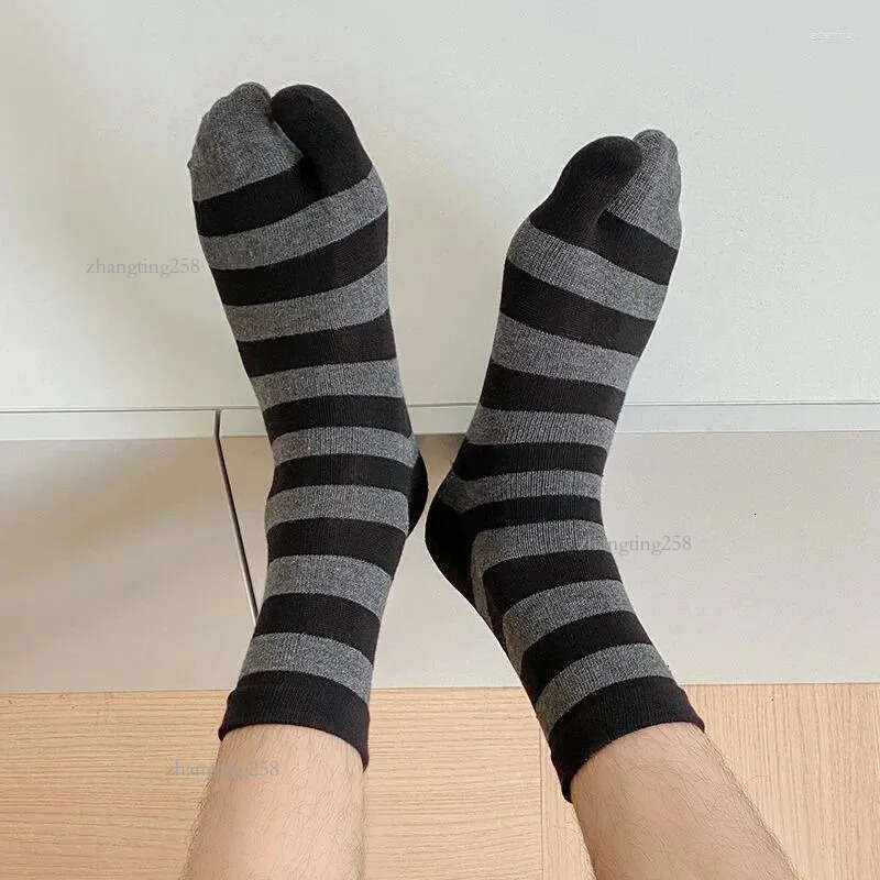Men's Socks 2 Finger Slipper Cotton Tabi Toe Mid-tube Autumn Winter Warm Sweat-absorbing Striped Two Toed Flip-flop