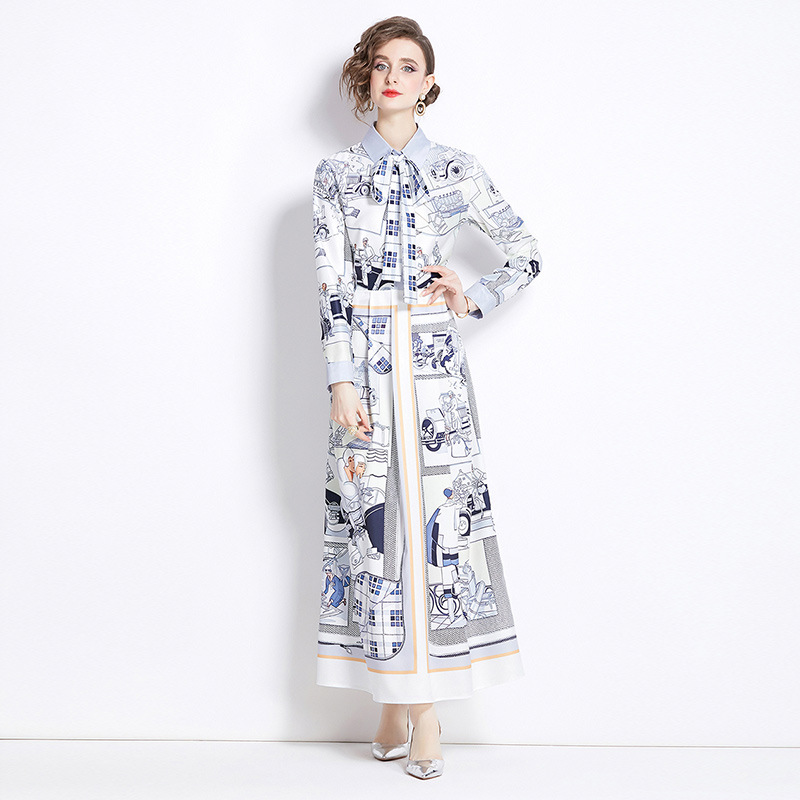 Shirt Collar Women Fashion Print Maxi Dress Button Long Sleeve Designer Elegant Ladies Casual Office Party Robes Frocks European Runway Clothing Femal