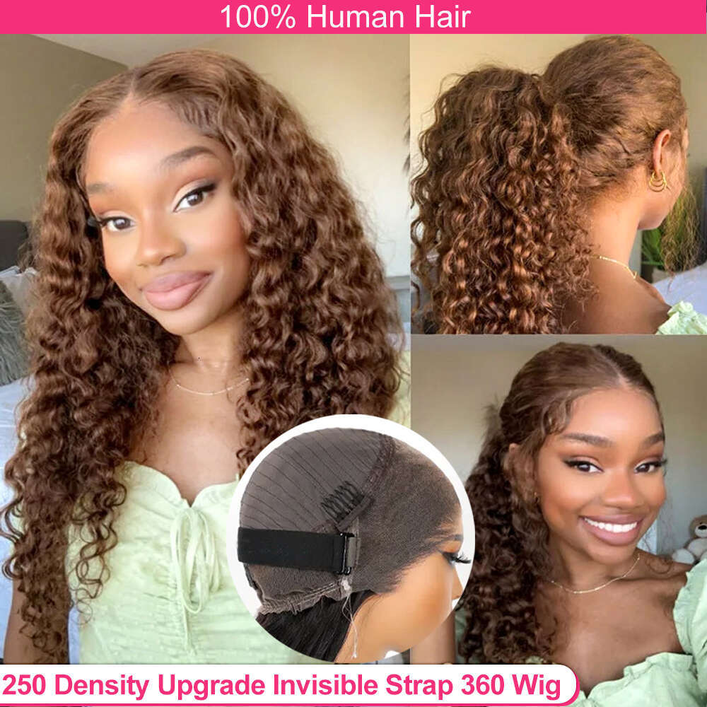 250 Density Chocolate Brown Invisible Strap 360 Full Hd Lace Front 30 Inch Glueless Deep Wave Frontal Wig Human Hair