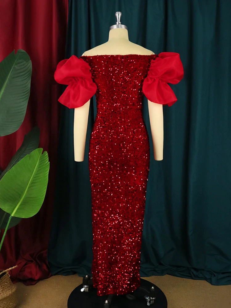 Sexy Women Even Dress Sequin Off Shoulder Fluffy Sleeve High Slit Velvet Robes Big Size Maxi Long Formal Party Evening Prom Gown 240420