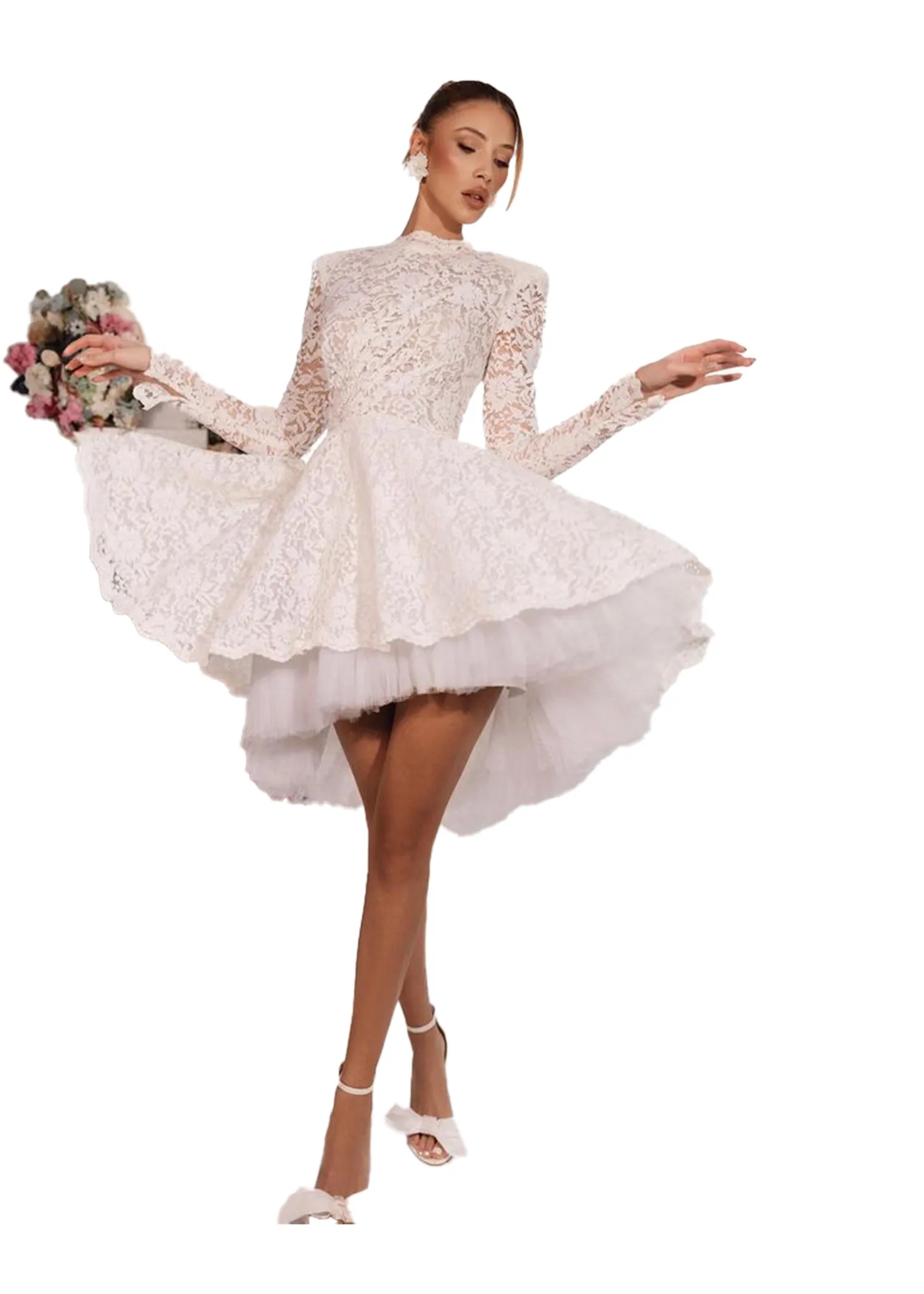 Full Lace Plus Size A Line Wedding Dresses for Women Long Sleeves Brides Jewel Neck Tulle Above Knee Length Bridal Gowns Wedding Guest Party Dress Cus