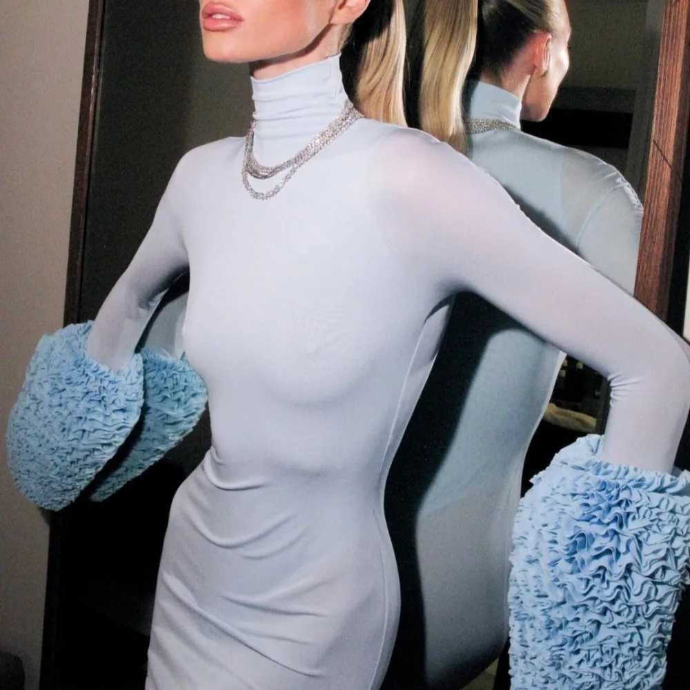 Autumn Turtleneck Maxi Dress Wen Ele Long Sve Ultra Thin Party Dress Winter Sexy See Through Night Club Outfit M241123